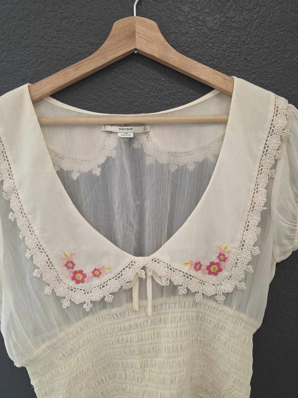 Kimchi Blue Ivory Sheer Peasant Blouse with Pink Floral Embroidery - Picture 2 of 4